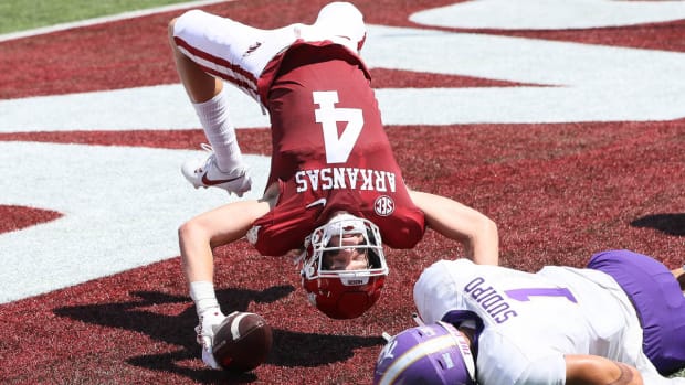 Razorbacks wide receiver Isaac TeSlaa during game with Western Carolina in Little Rock